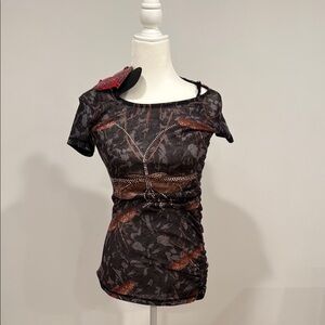 Custo Barcelona Black and Red Asymmetrical Ruched Blouse